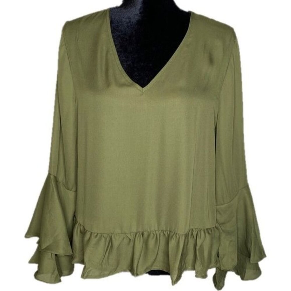 Olive Green V-Neck Ruffle Hem Bell Sleeve Blouse S 100% Polyester Womens Top